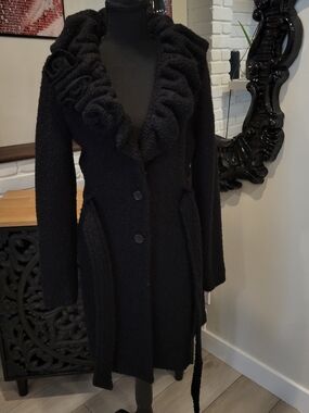 Black Ruffle Collar Women's Coat